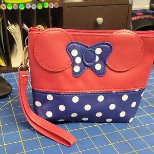 Castle & Co Red Blue Polka Dot w Minnie Ears & Bow Wristlet 13" x 7" X 2"